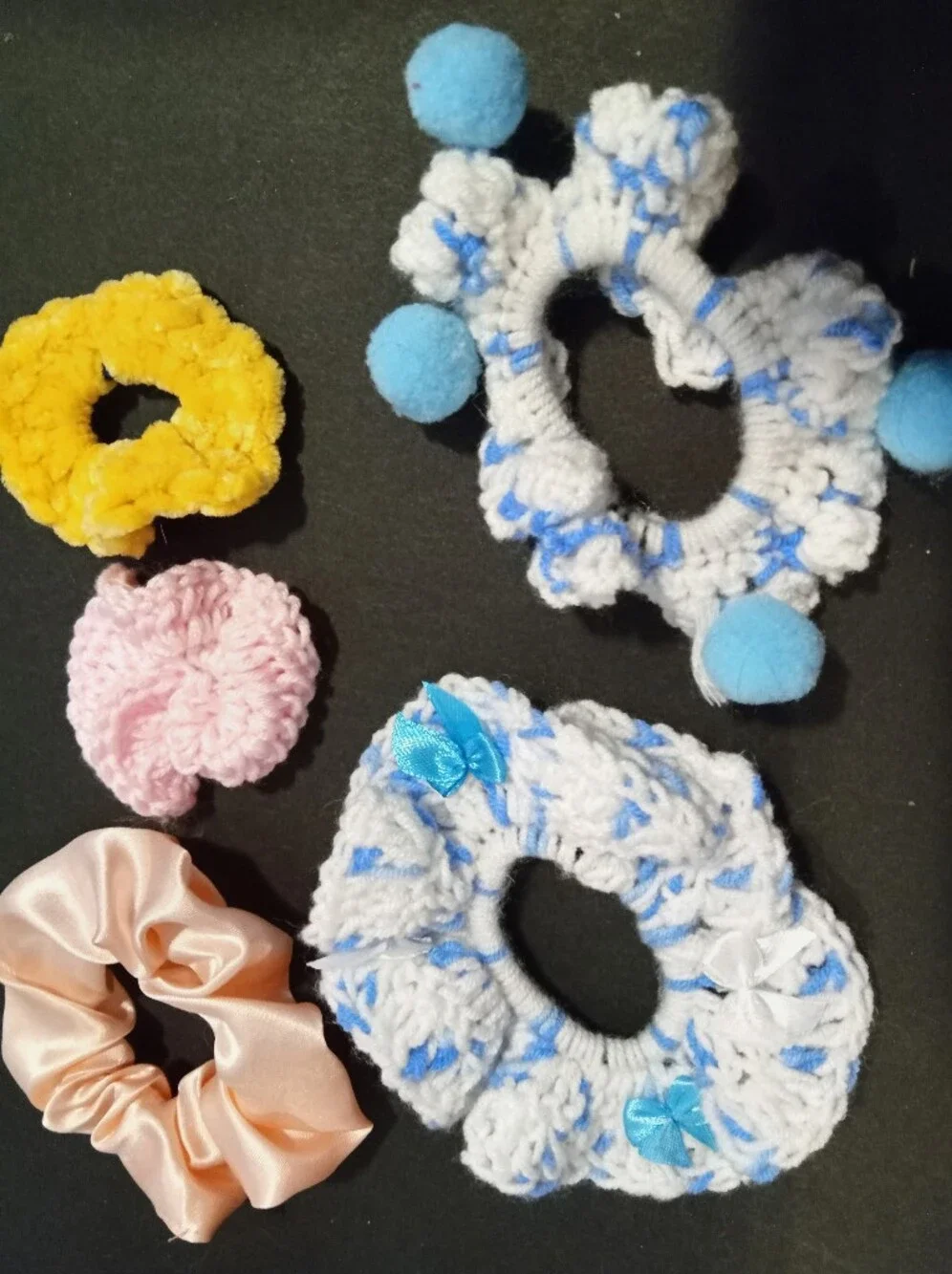 Handmade Crochet & Satin Scrunchie Set - Blue, Pink, Yellow, Peach